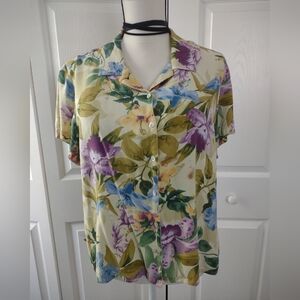 Caribbean Joe Women’s Purple Floral Short Sleeve Button Up Shirt XL Silk Blend